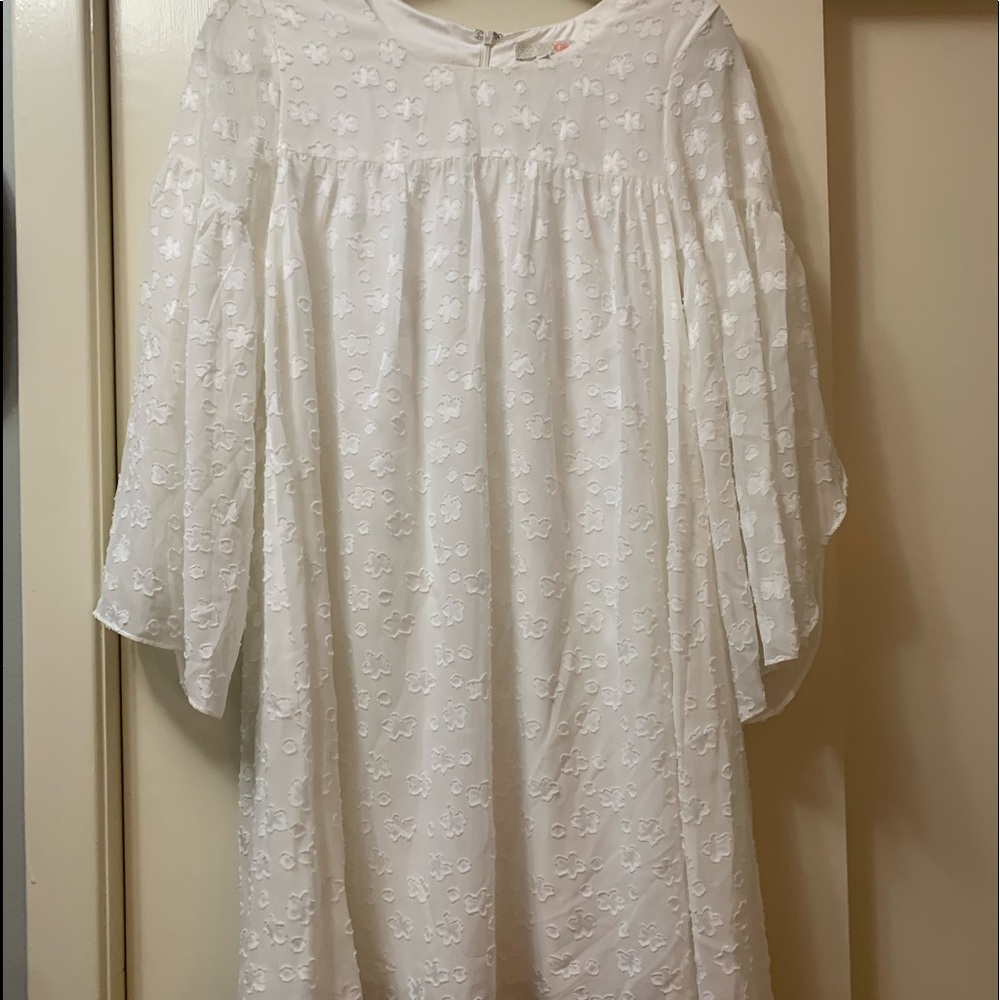 White sheer dress with belled sleeves.